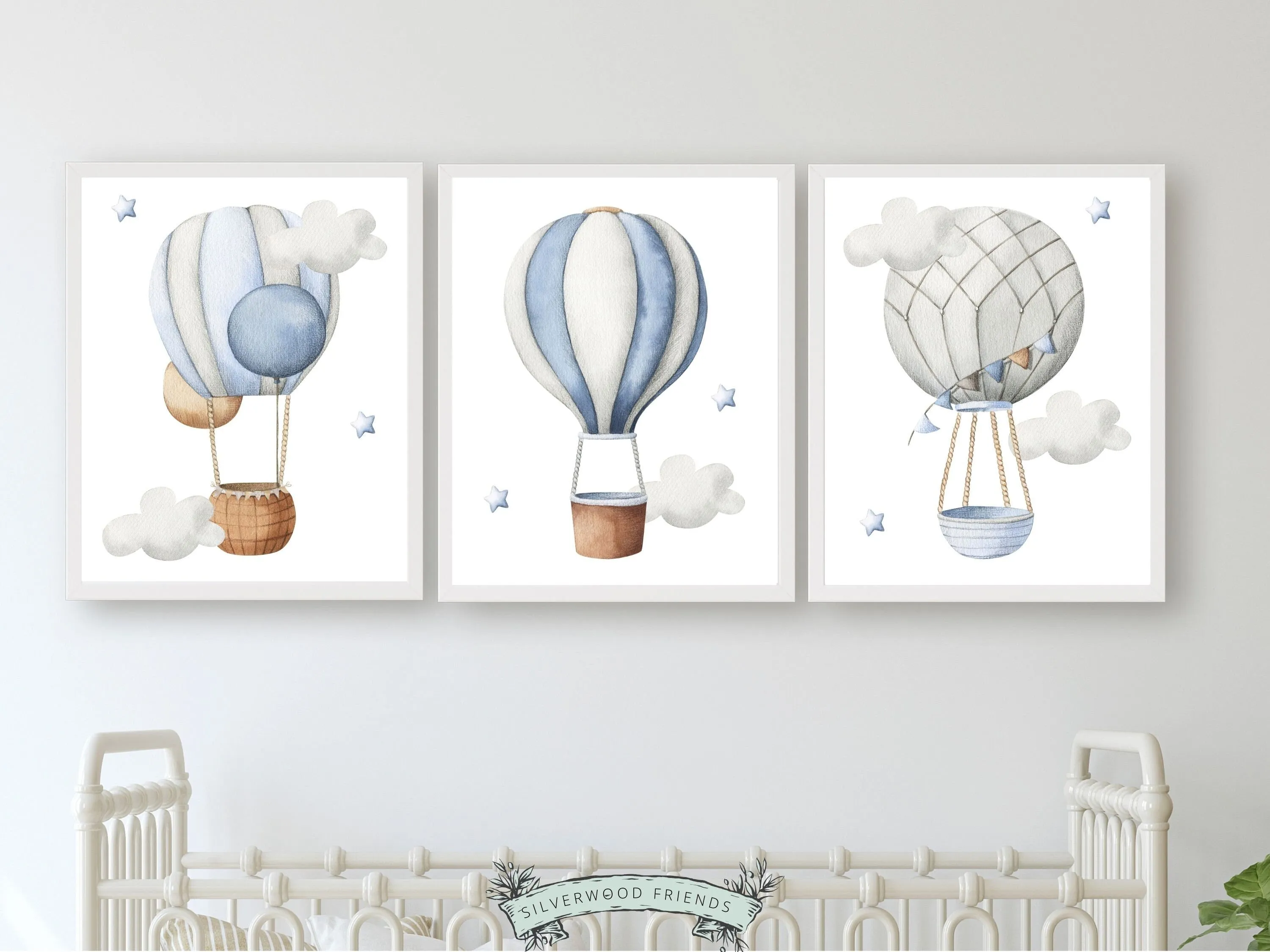 Blue Hot Air Balloon Nursery Prints - Set of 3