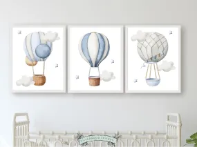 Blue Hot Air Balloon Nursery Prints - Set of 3