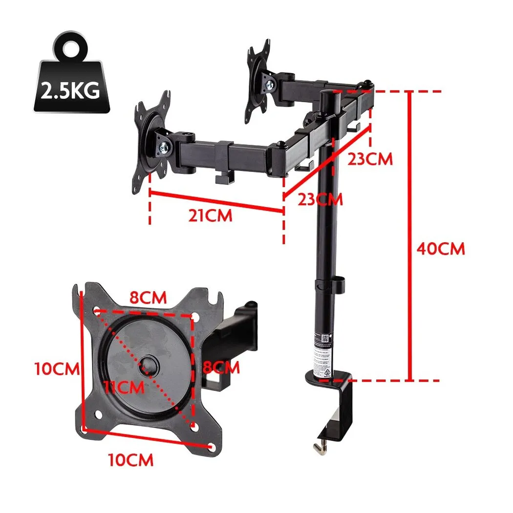 Ergonomic Dual Monitor Stand 8kg Load 360° Rotation - FORTIA