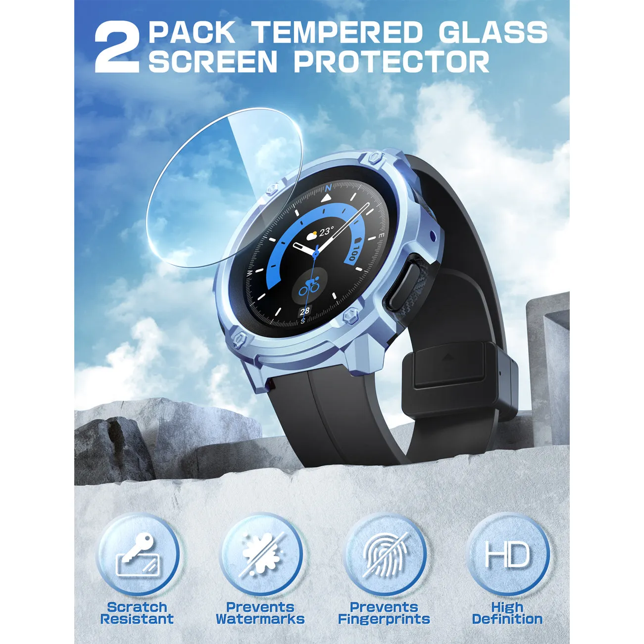 Galaxy Watch5 Pro 45mm Unicorn Beetle Rugged Case with Glass Screen Protectors-Metallic Blue