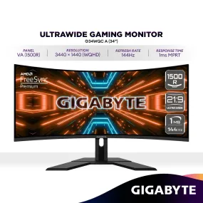 GIGABYTE G34WQC A 34" WQHD Ultrawide Curved VA Gaming Monitor | 144Hz | FreeSync Premium | 1500R | 1440p