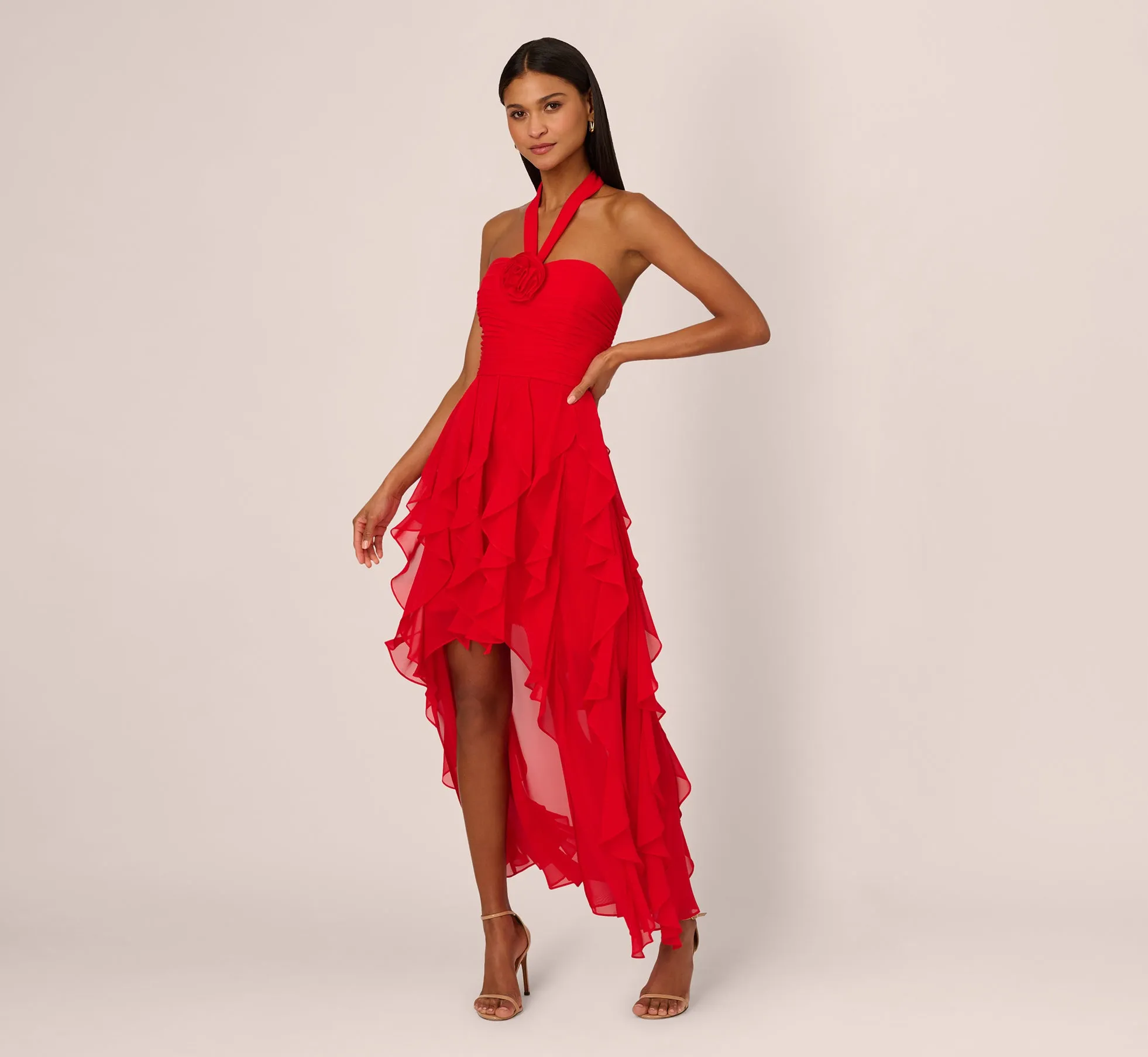 High Low Halter Dress With 3D Floral Accent In Red Desire