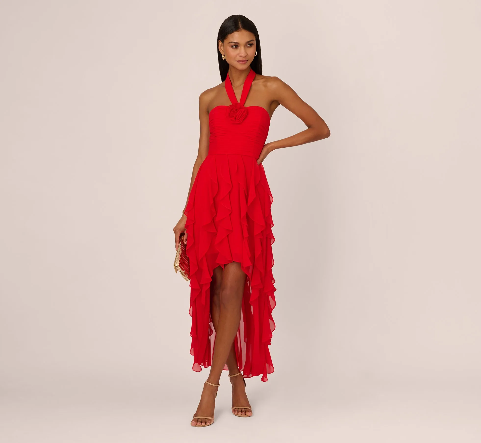 High Low Halter Dress With 3D Floral Accent In Red Desire