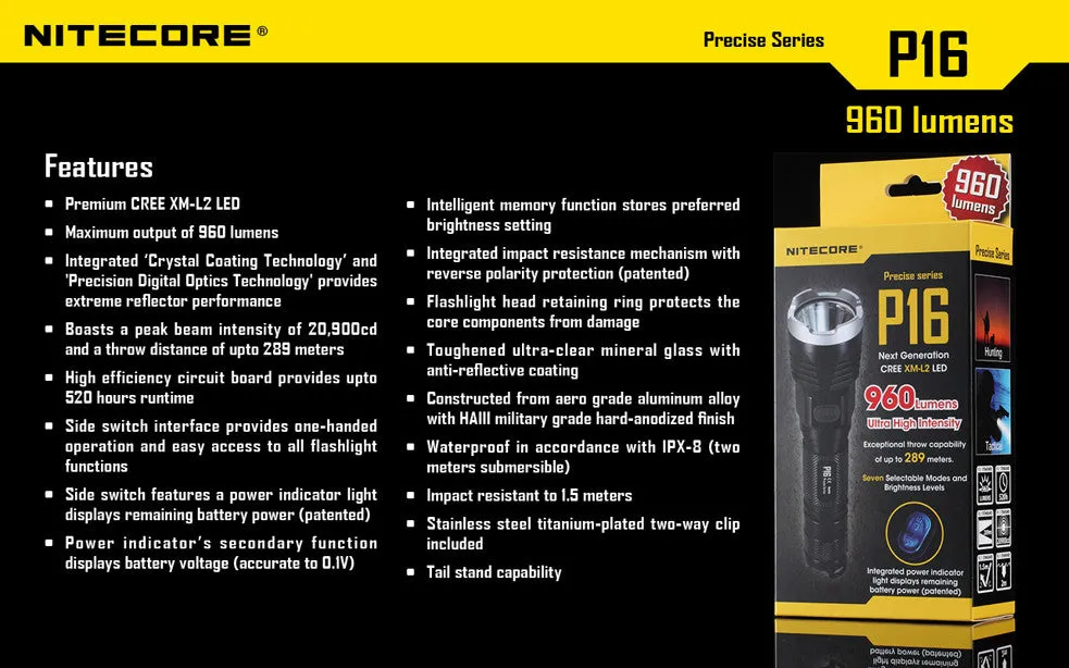 Nitecore P16 Ultra High Intensity Tactical LED Flashlight with USB NL1826R Li-ion battery