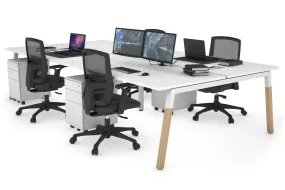 Quadro A Legs 4 Person Office Workstation - Wood Legs Cross Beam [1400L x 800W with Cable Scallop]