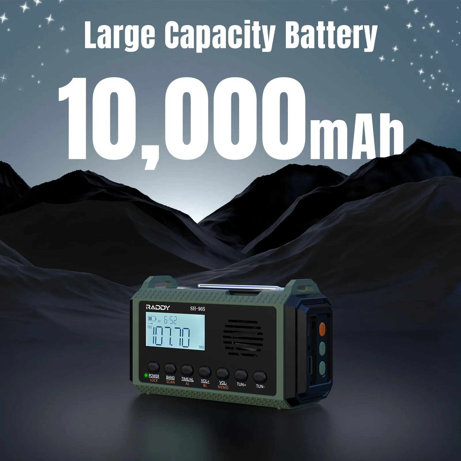 Raddy SH-905 Emergency Radio | 10000mAh | AM/FM/SW/NOAA | Solar Hand Crank | Reading Lamp