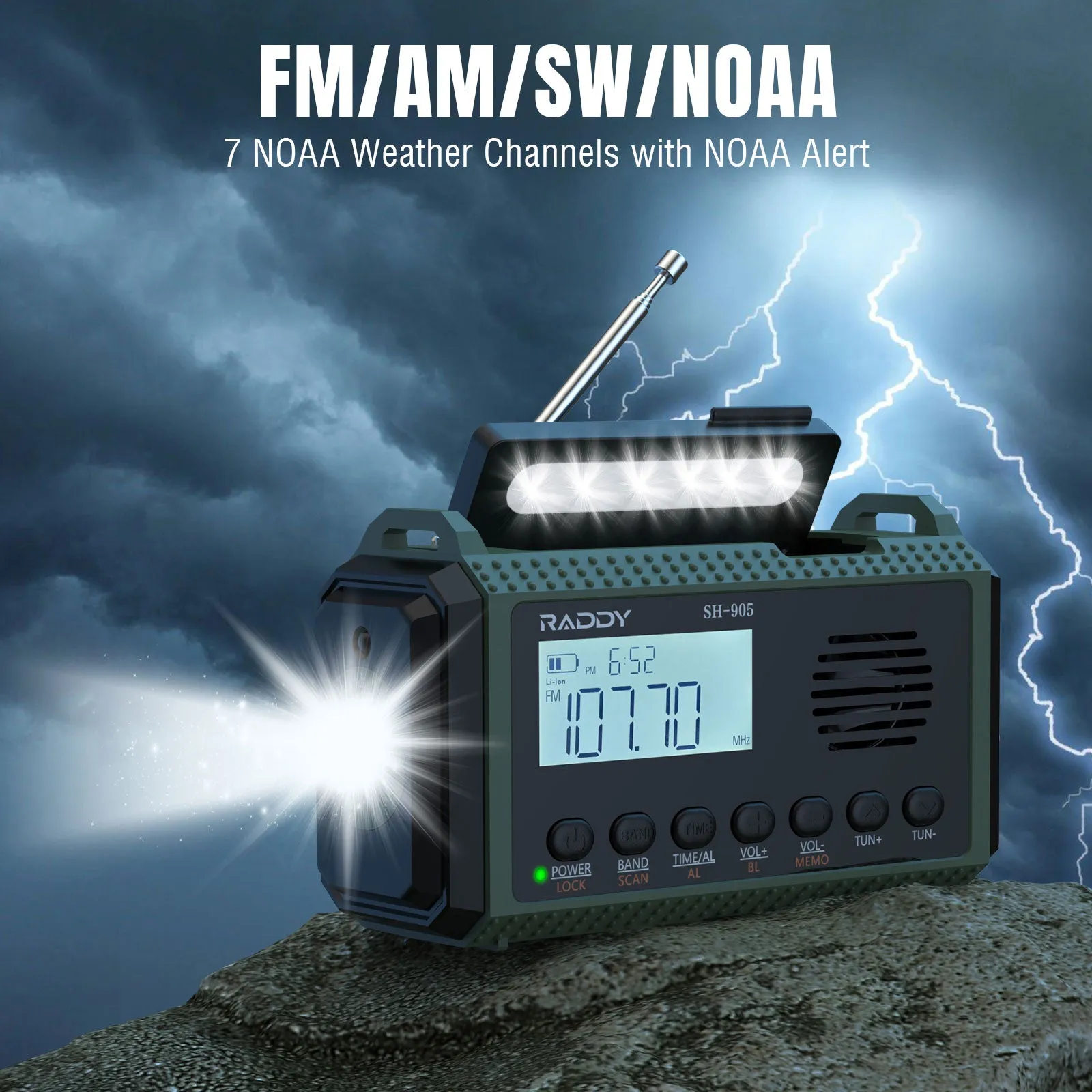 Raddy SH-905 Emergency Radio | 10000mAh | AM/FM/SW/NOAA | Solar Hand Crank | Reading Lamp