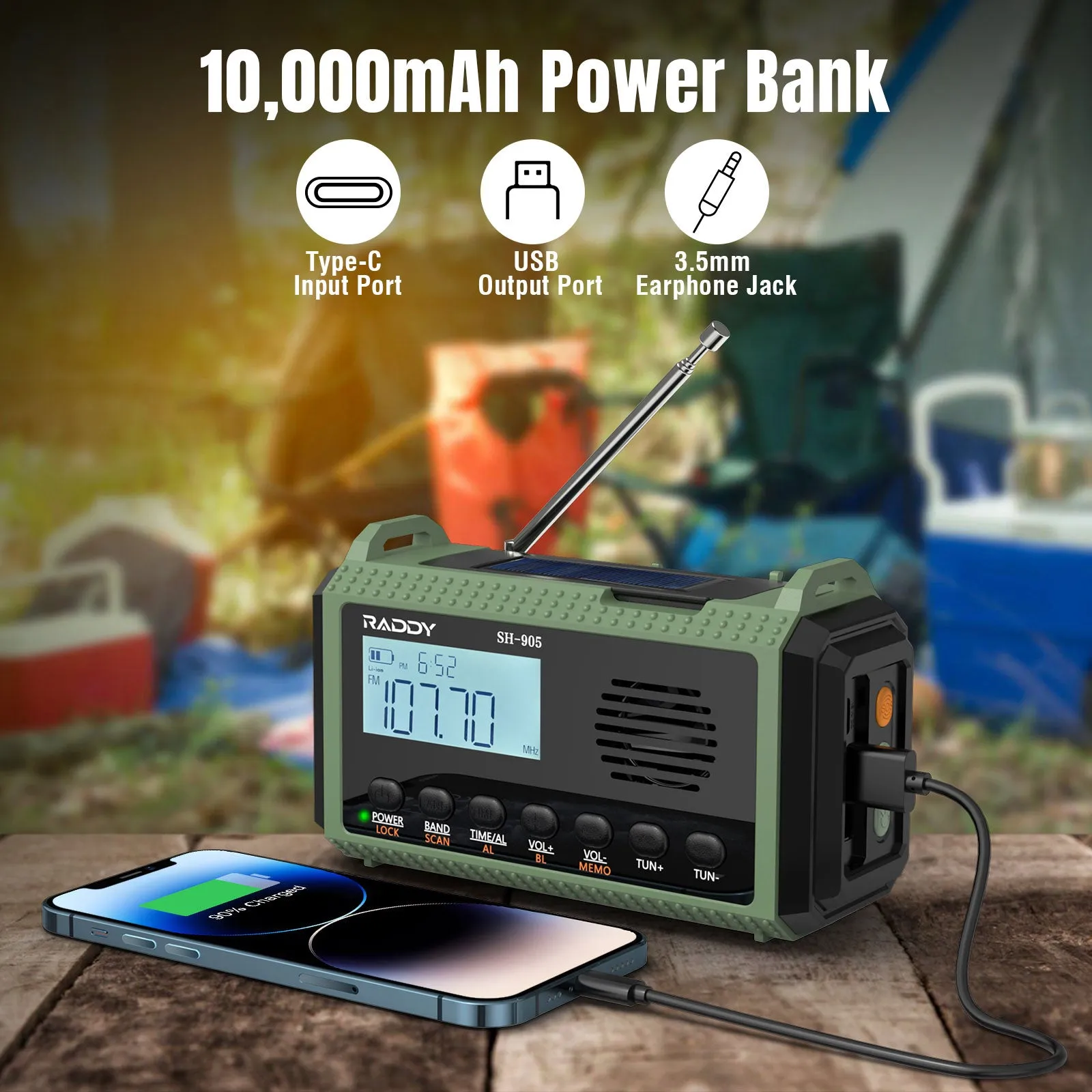 Raddy SH-905 Emergency Radio | 10000mAh | AM/FM/SW/NOAA | Solar Hand Crank | Reading Lamp