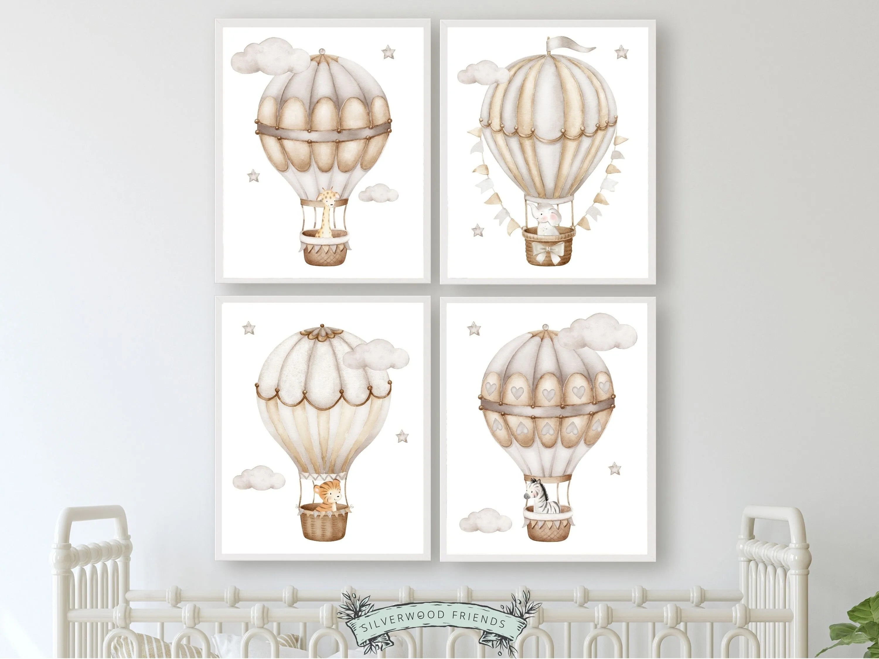 Safari Hot Air Balloon Nursery Prints - Set of 4