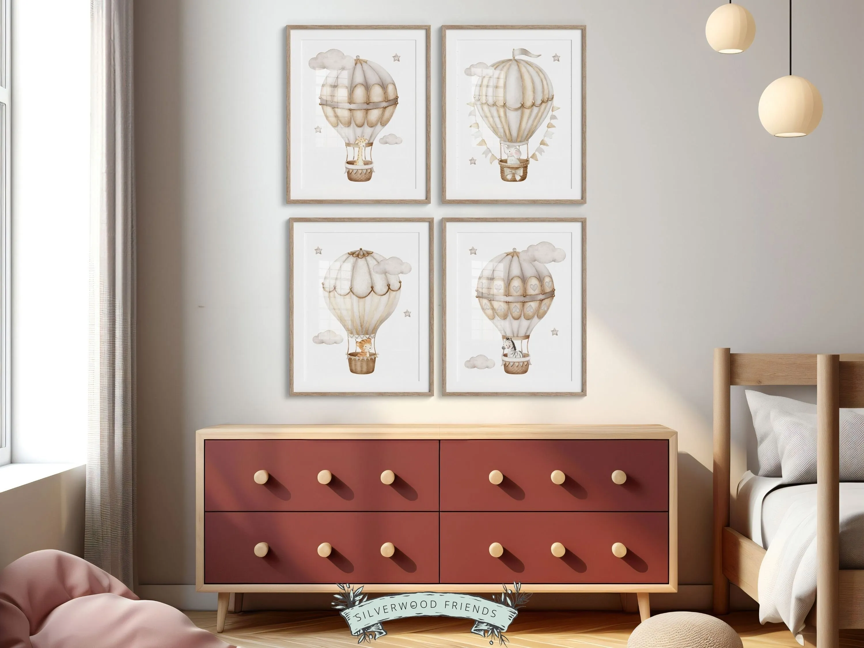 Safari Hot Air Balloon Nursery Prints - Set of 4