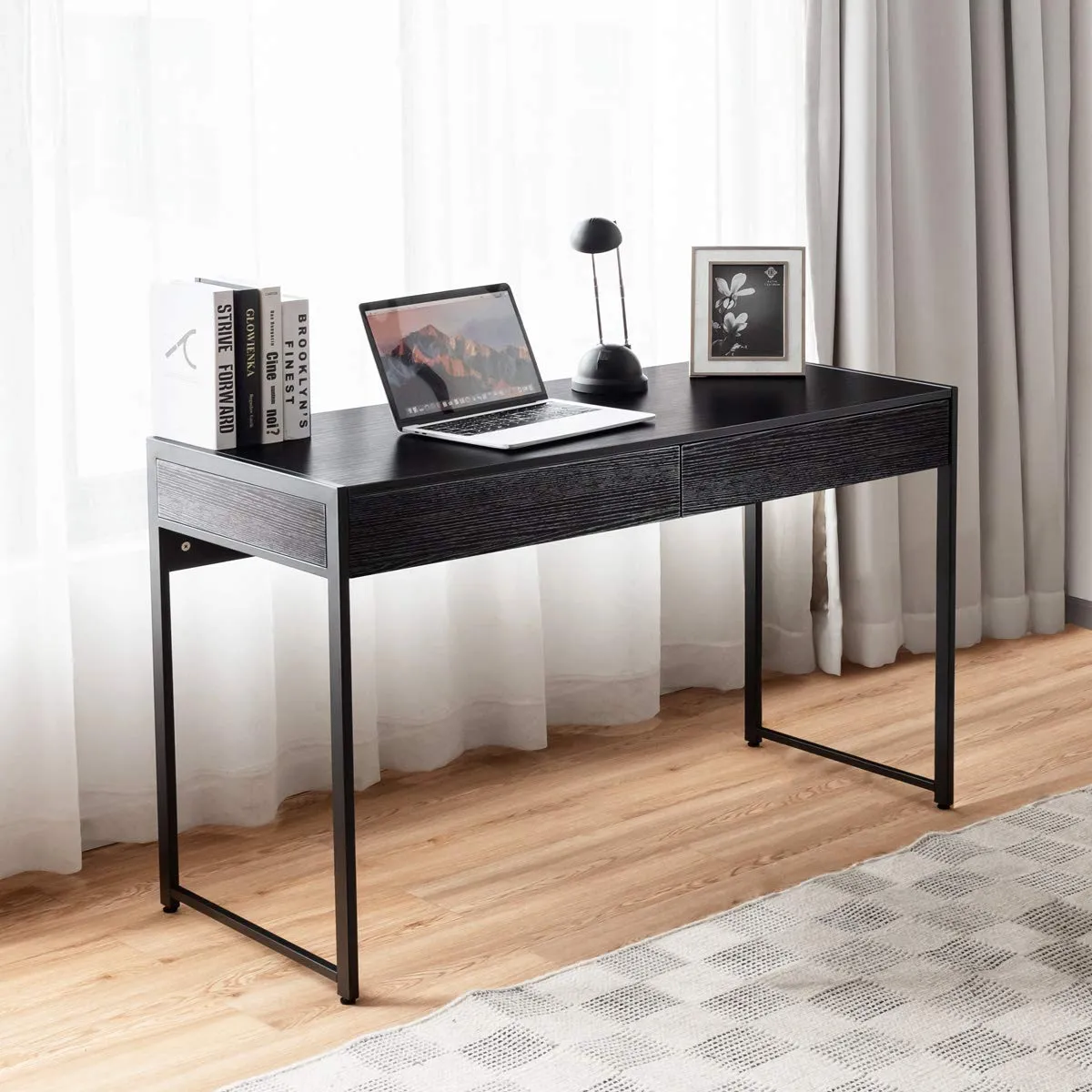 Tangkula Computer Desk with 2 Drawers, Simple Wooden Study Writing Desk with Steel Frame